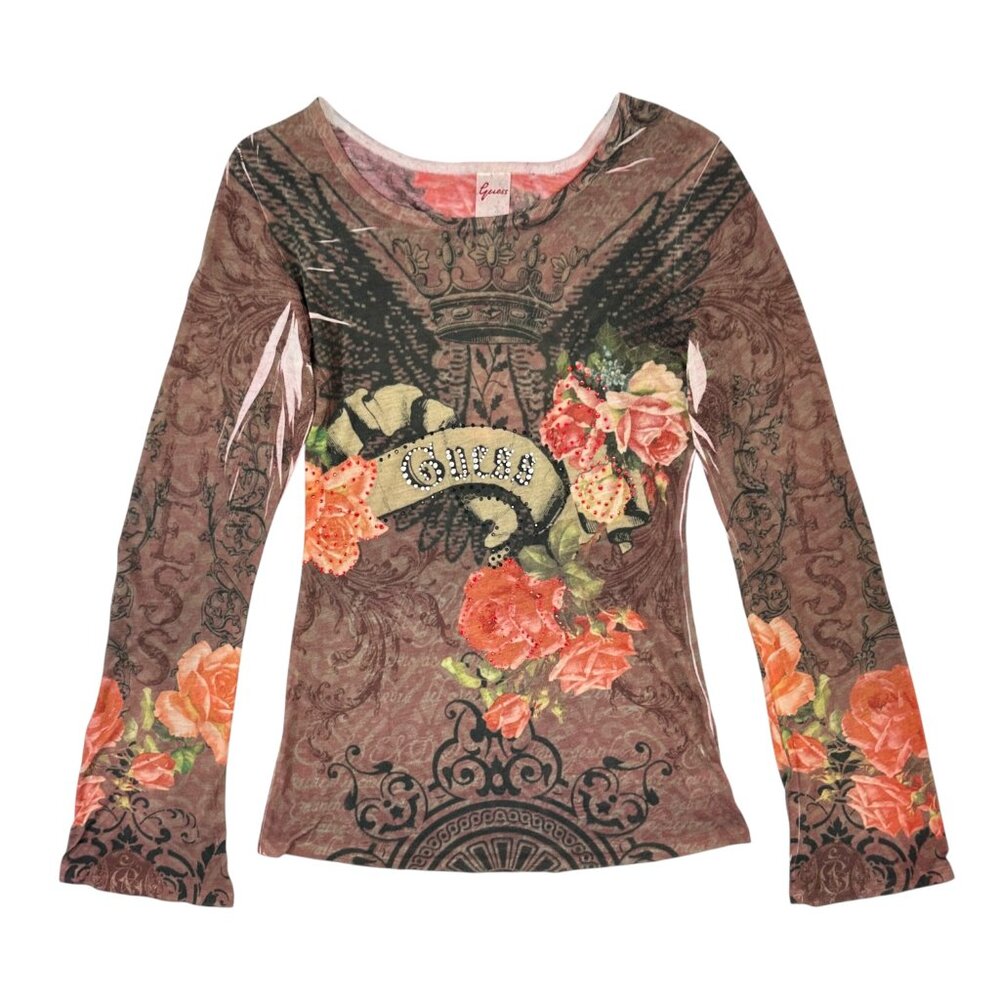 GUESS Y2K Vintage Red Purple Floral Rhinestone Long Sleeve Top sz XS
